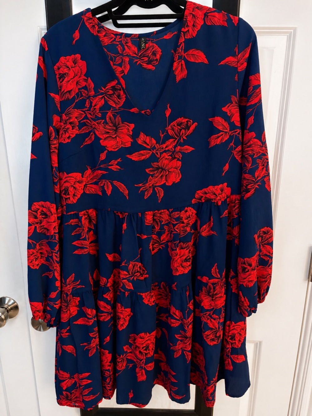 Women's Navy Blue Dress with Red Floral Print